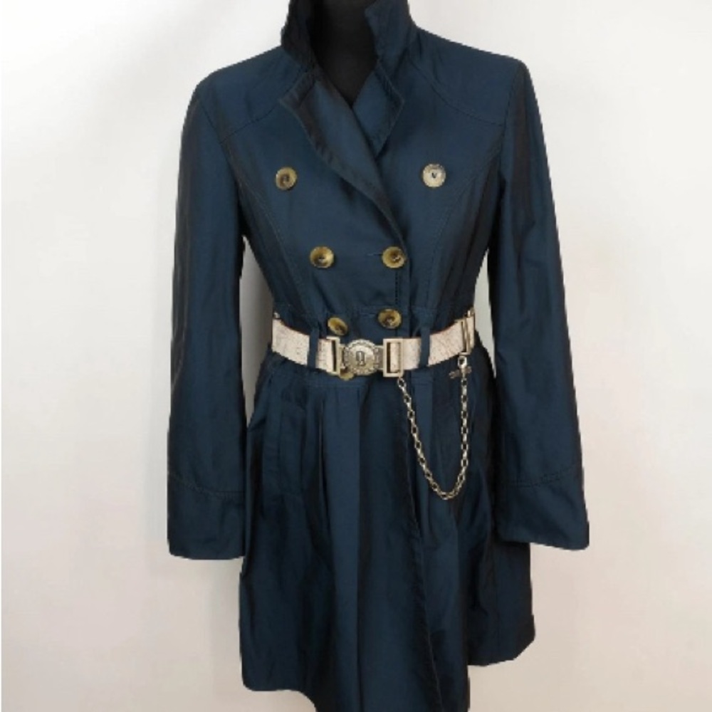 John Galliano Trench Long Coat Sz M EU 40 Aegan Blue Glossy Lux